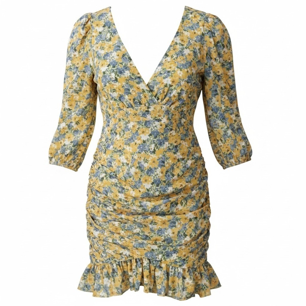 Luxxel Floral Mini Dress Womens Large Yellow‎ Ruched Cottagecore Garden Party